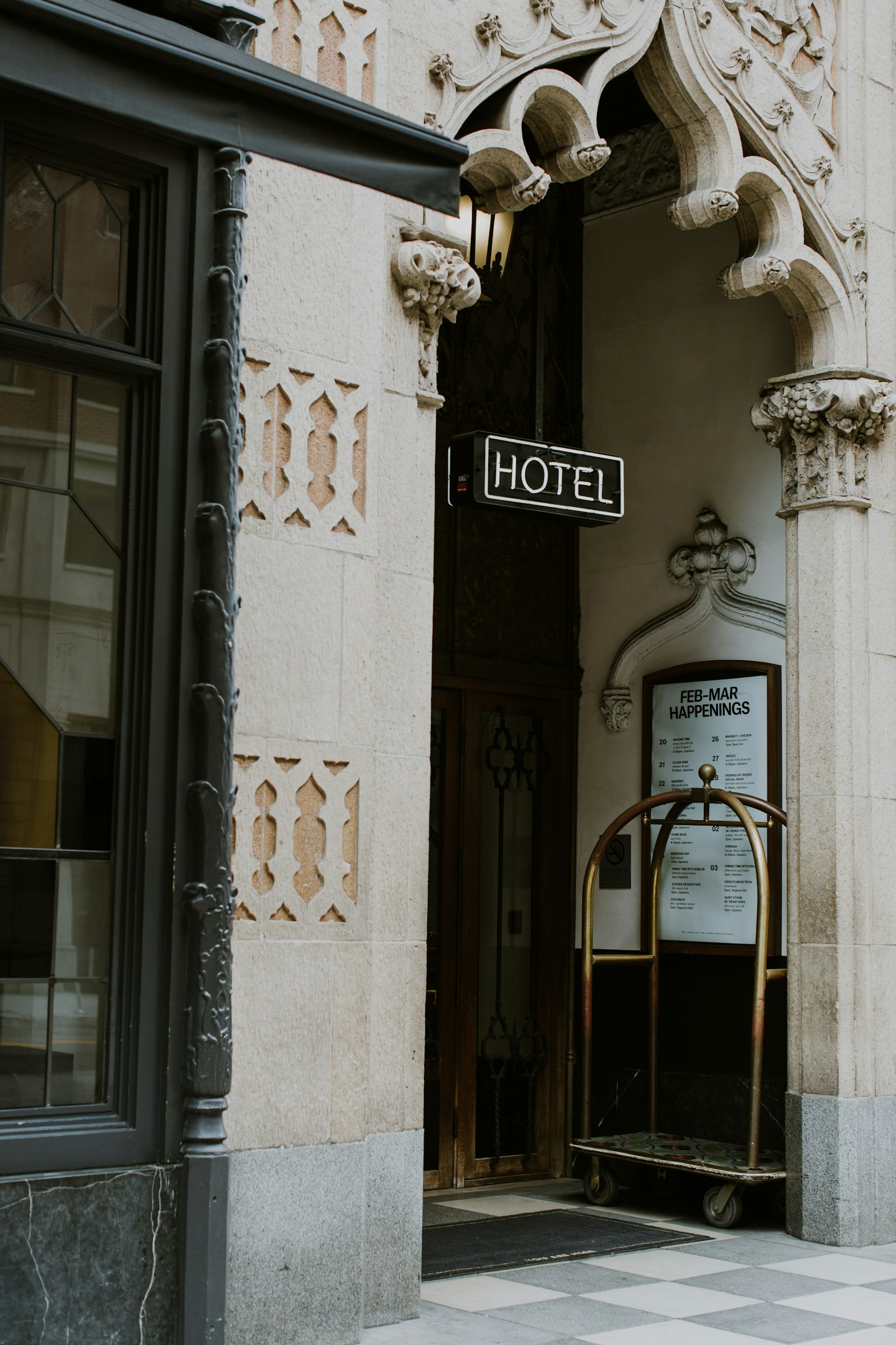 Carved stone entrance of an independent hotel